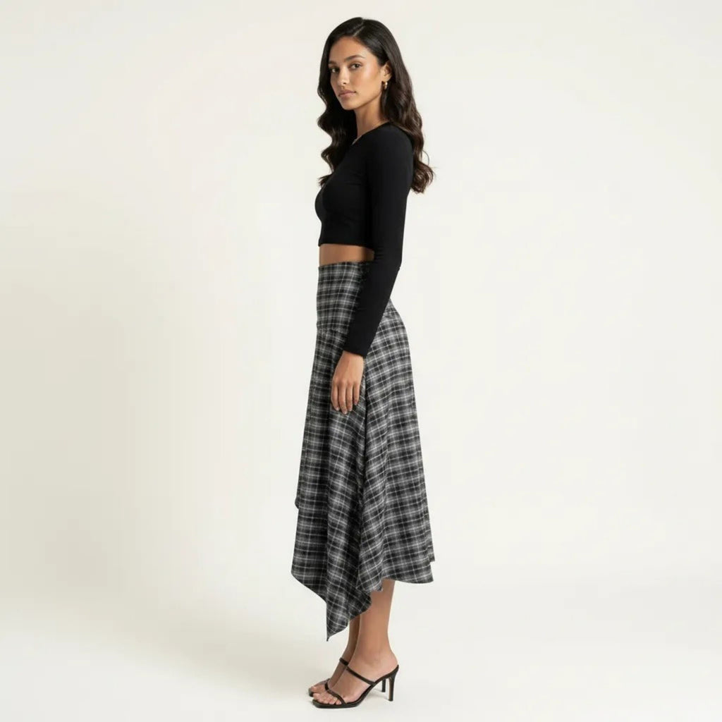 Anna-Kaci Women's Slim Fitting Plaid Asymmetrical Midi Skirt