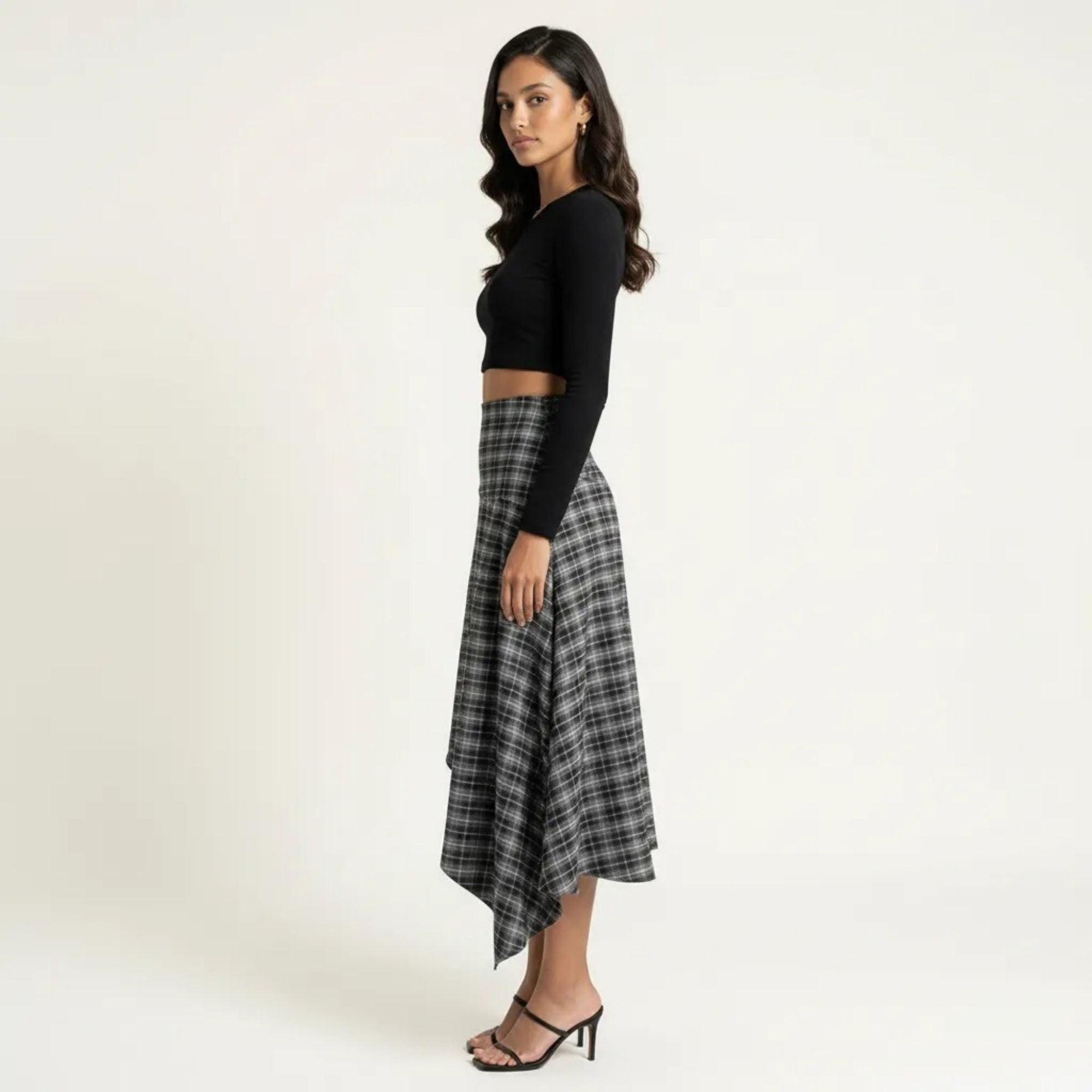 Anna-Kaci Women's Slim Fitting Plaid Asymmetrical Midi Skirt