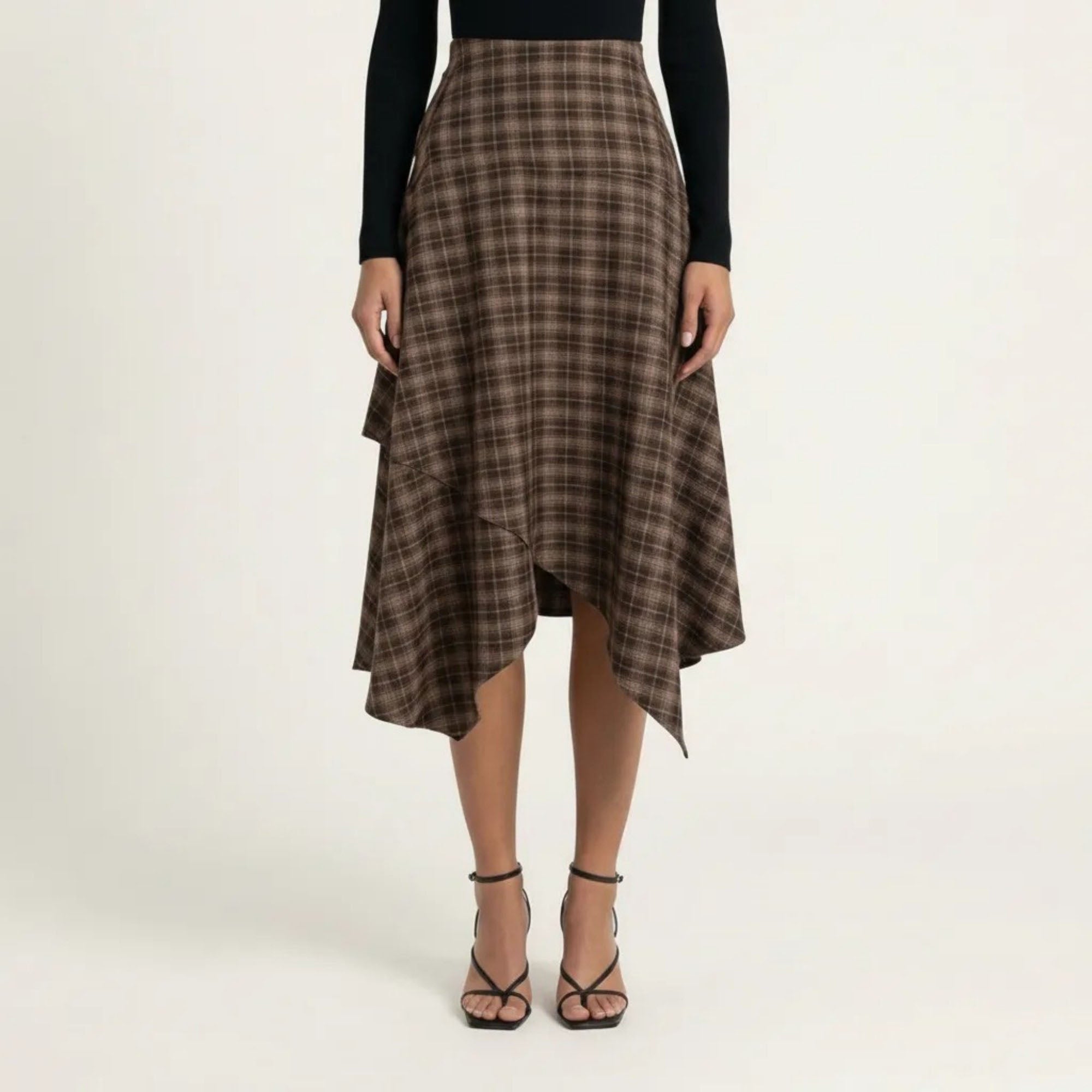 Anna-Kaci Women's Slim Fitting Plaid Asymmetrical Midi Skirt