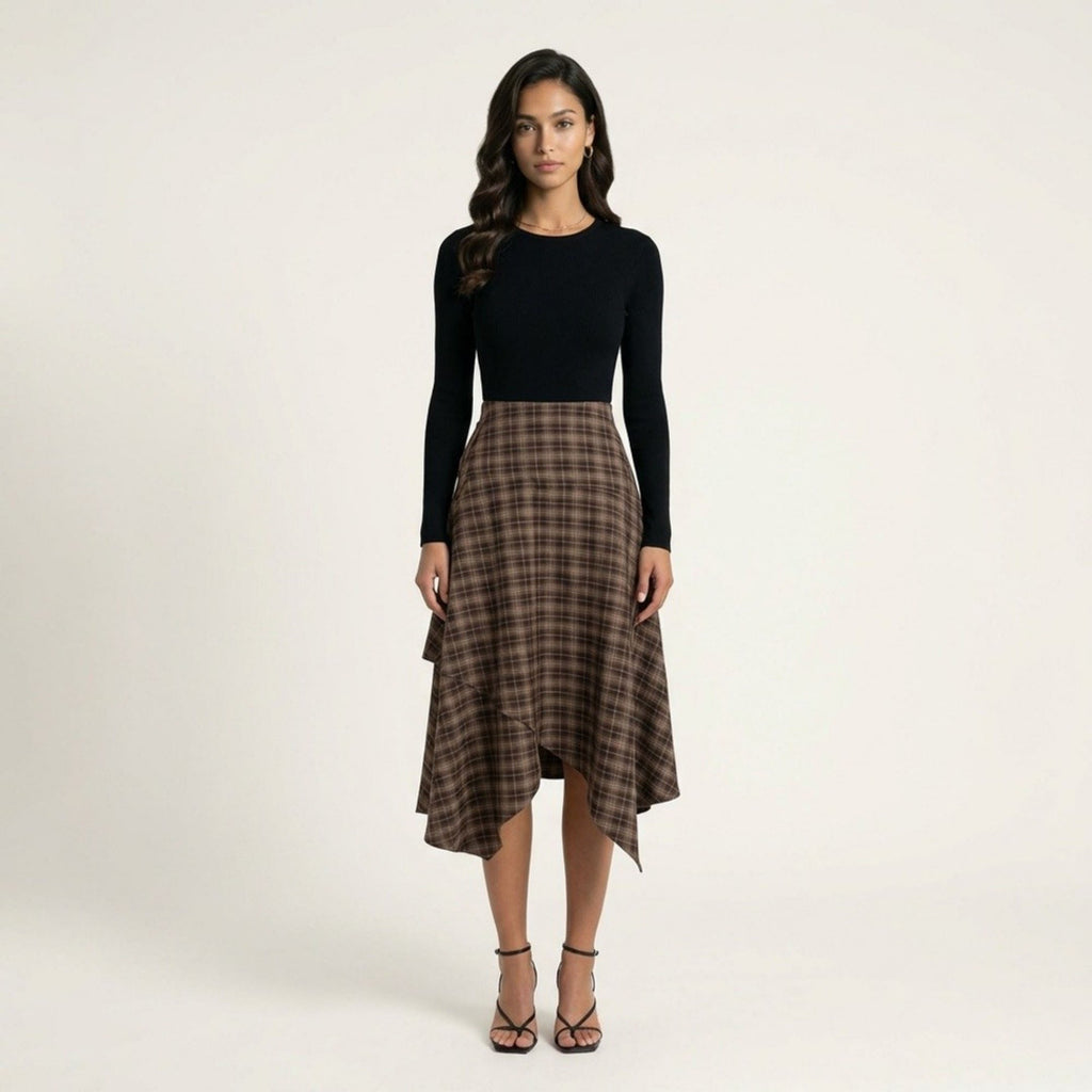 Anna-Kaci Women's Slim Fitting Plaid Asymmetrical Midi Skirt