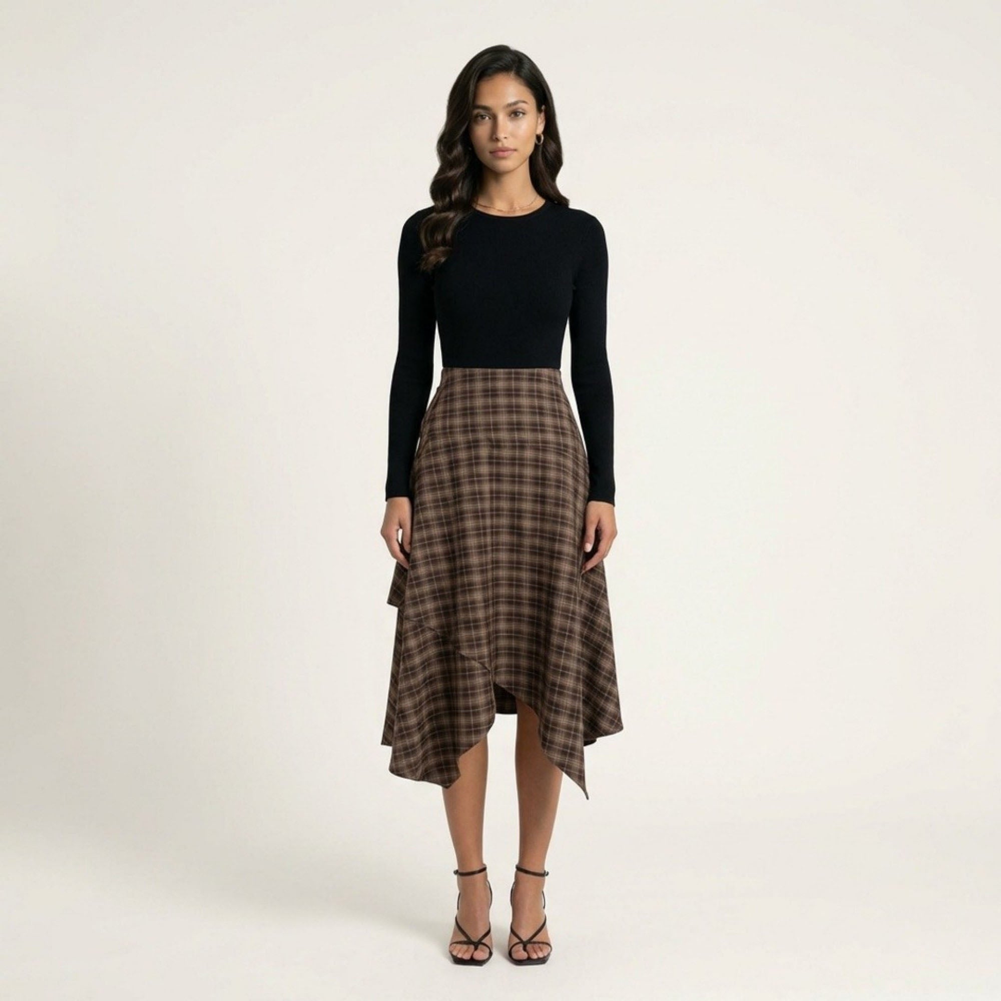 Anna-Kaci Women's Slim Fitting Plaid Asymmetrical Midi Skirt