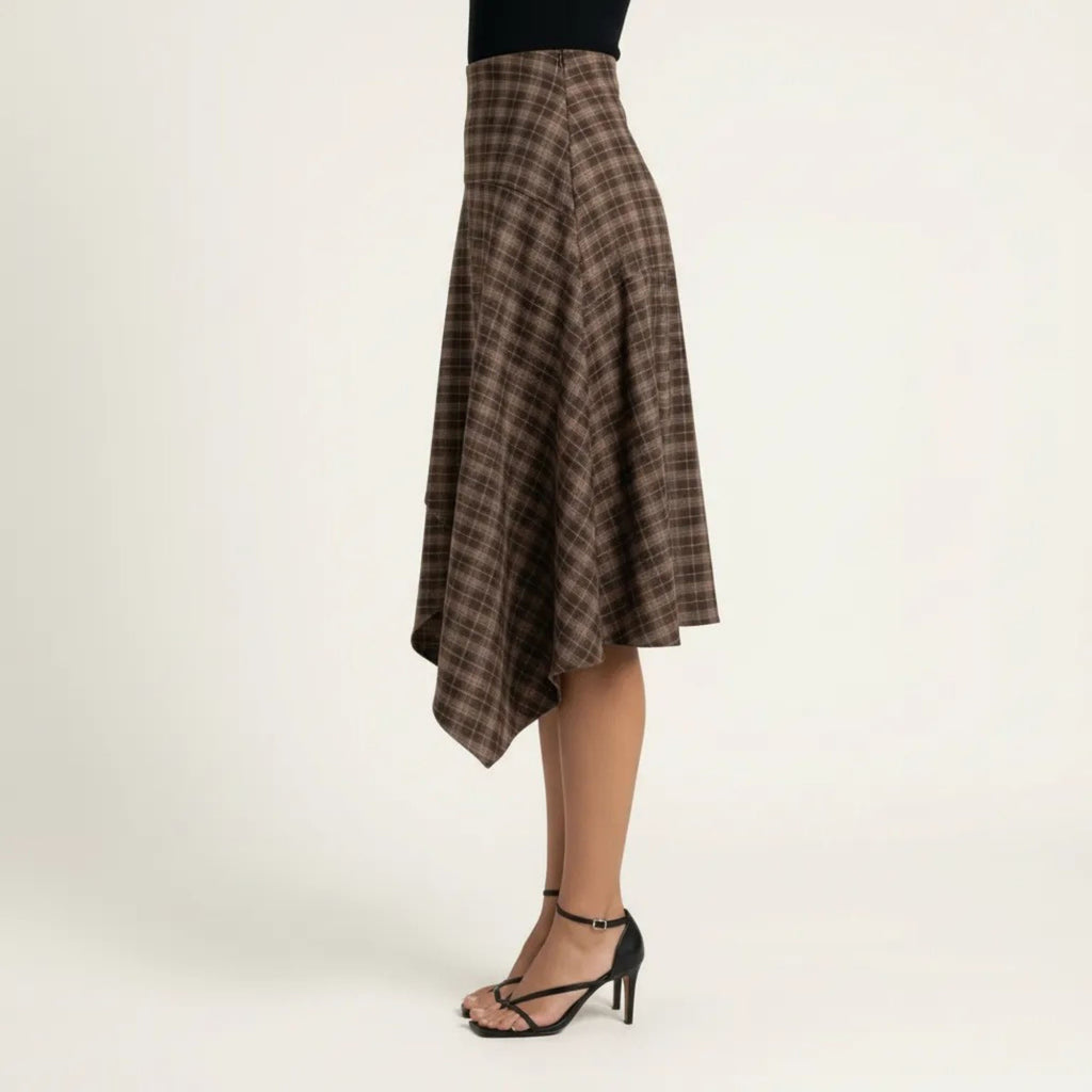 Anna-Kaci Women's Slim Fitting Plaid Asymmetrical Midi Skirt
