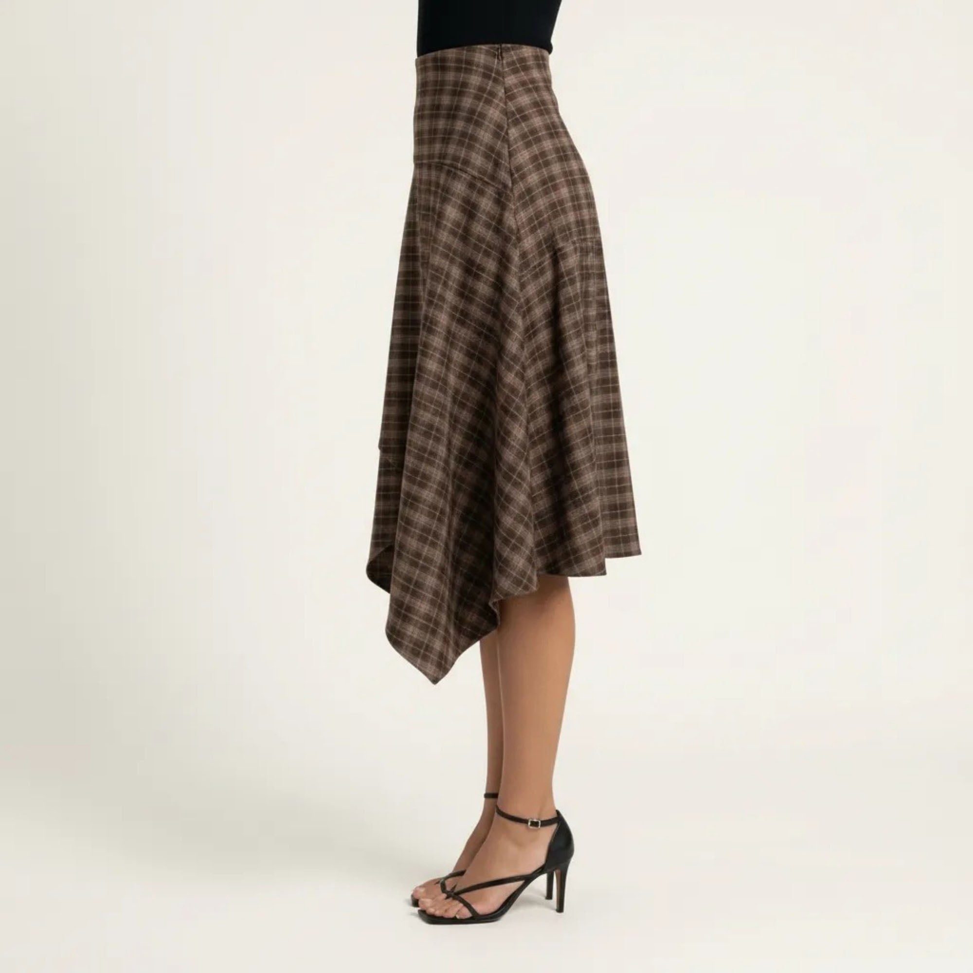 Anna-Kaci Women's Slim Fitting Plaid Asymmetrical Midi Skirt