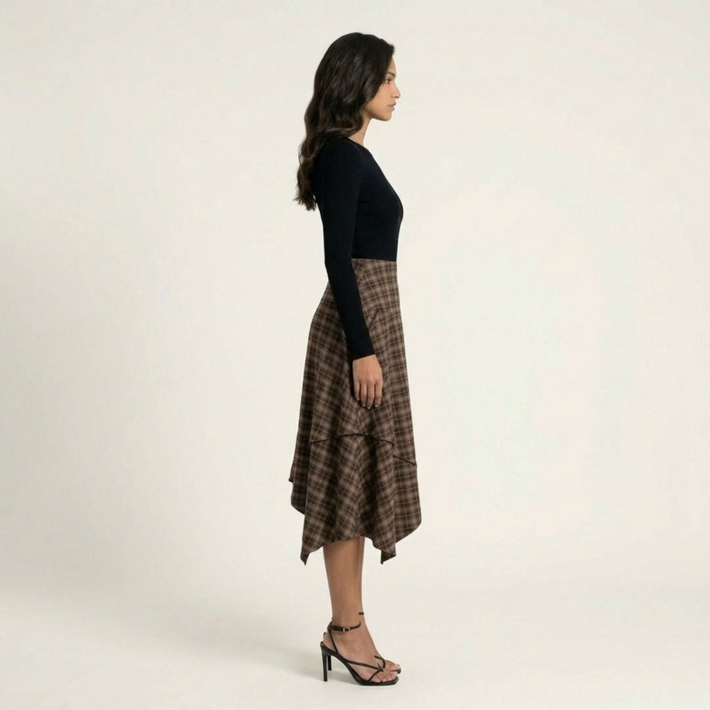 Anna-Kaci Women's Slim Fitting Plaid Asymmetrical Midi Skirt