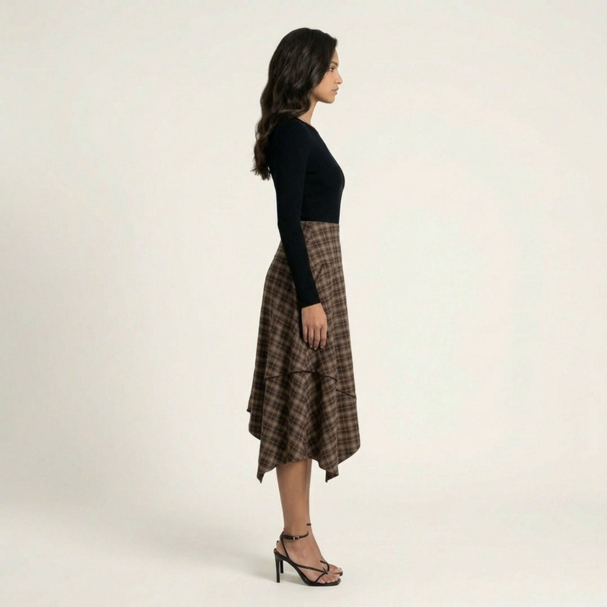 Anna-Kaci Women's Slim Fitting Plaid Asymmetrical Midi Skirt