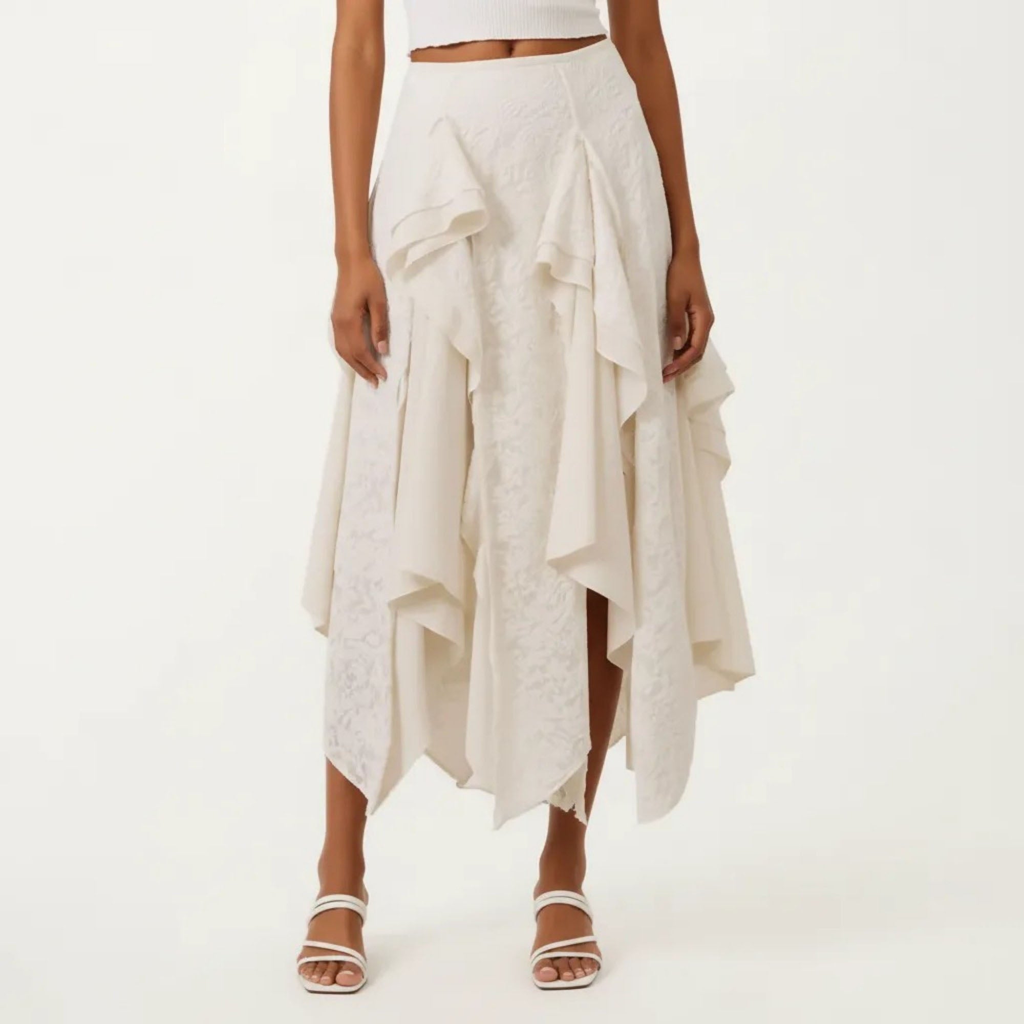 Anna-Kaci Women's Sheer Asymmetrical Layered Lace Maxi Skirt with Flowing Ruffle Drapes