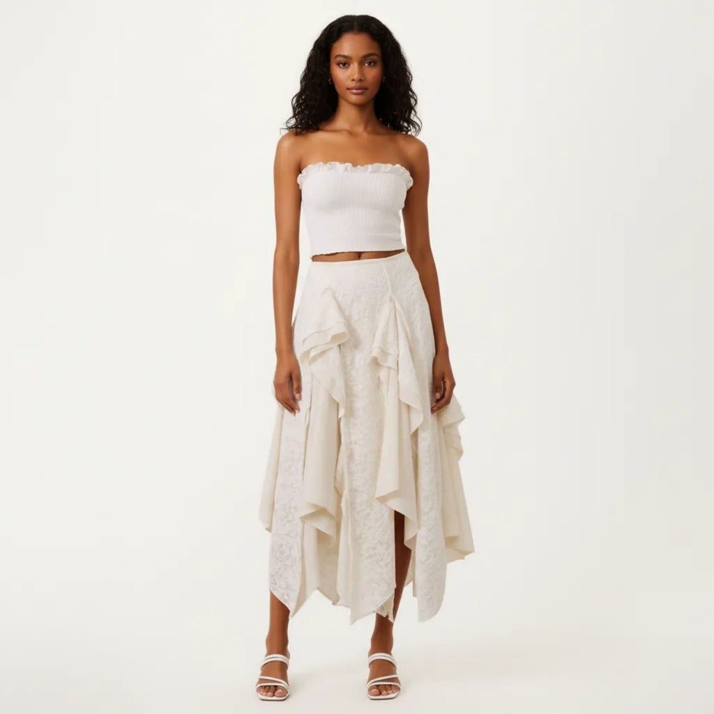 Anna-Kaci Women's Sheer Asymmetrical Layered Lace Maxi Skirt with Flowing Ruffle Drapes