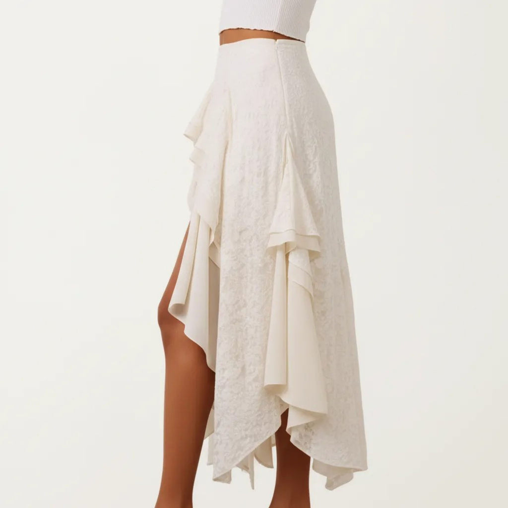 Anna-Kaci Women's Sheer Asymmetrical Layered Lace Maxi Skirt with Flowing Ruffle Drapes