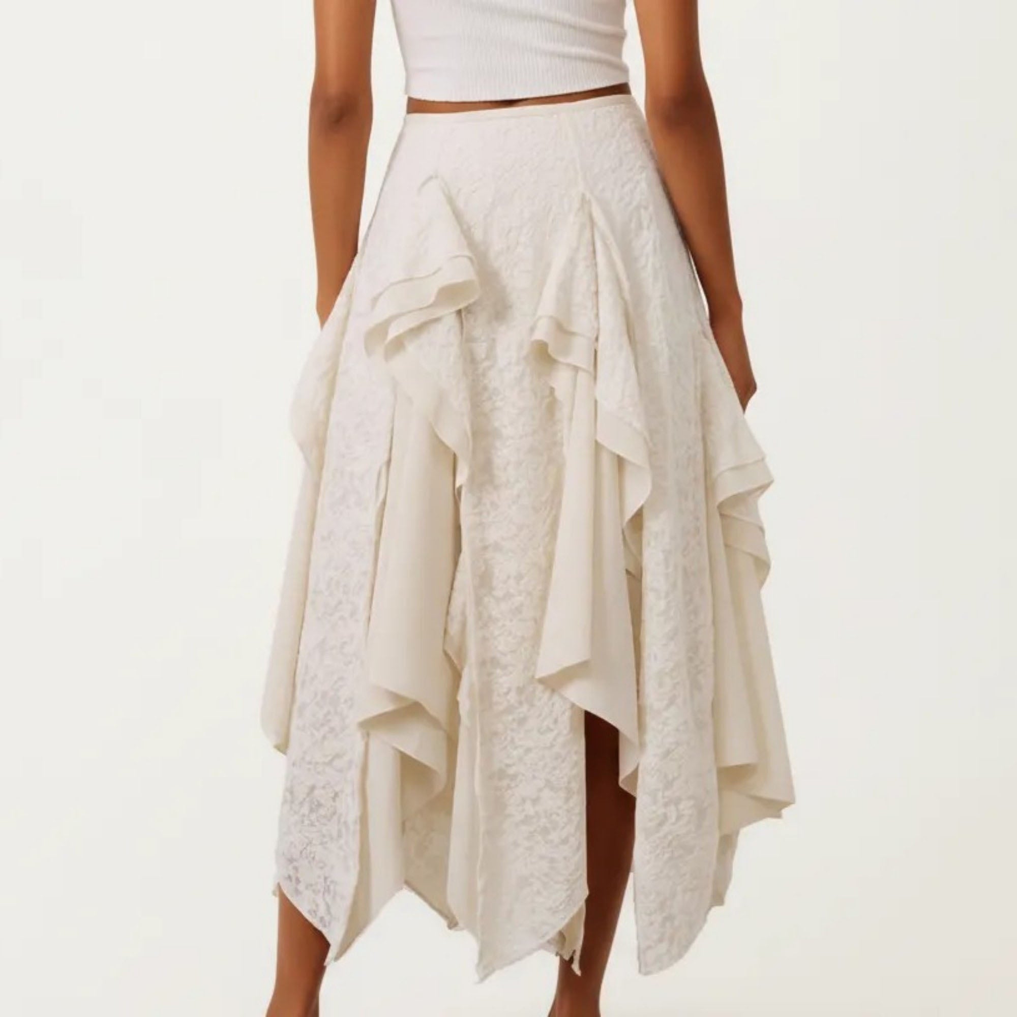 Anna-Kaci Women's Sheer Asymmetrical Layered Lace Maxi Skirt with Flowing Ruffle Drapes