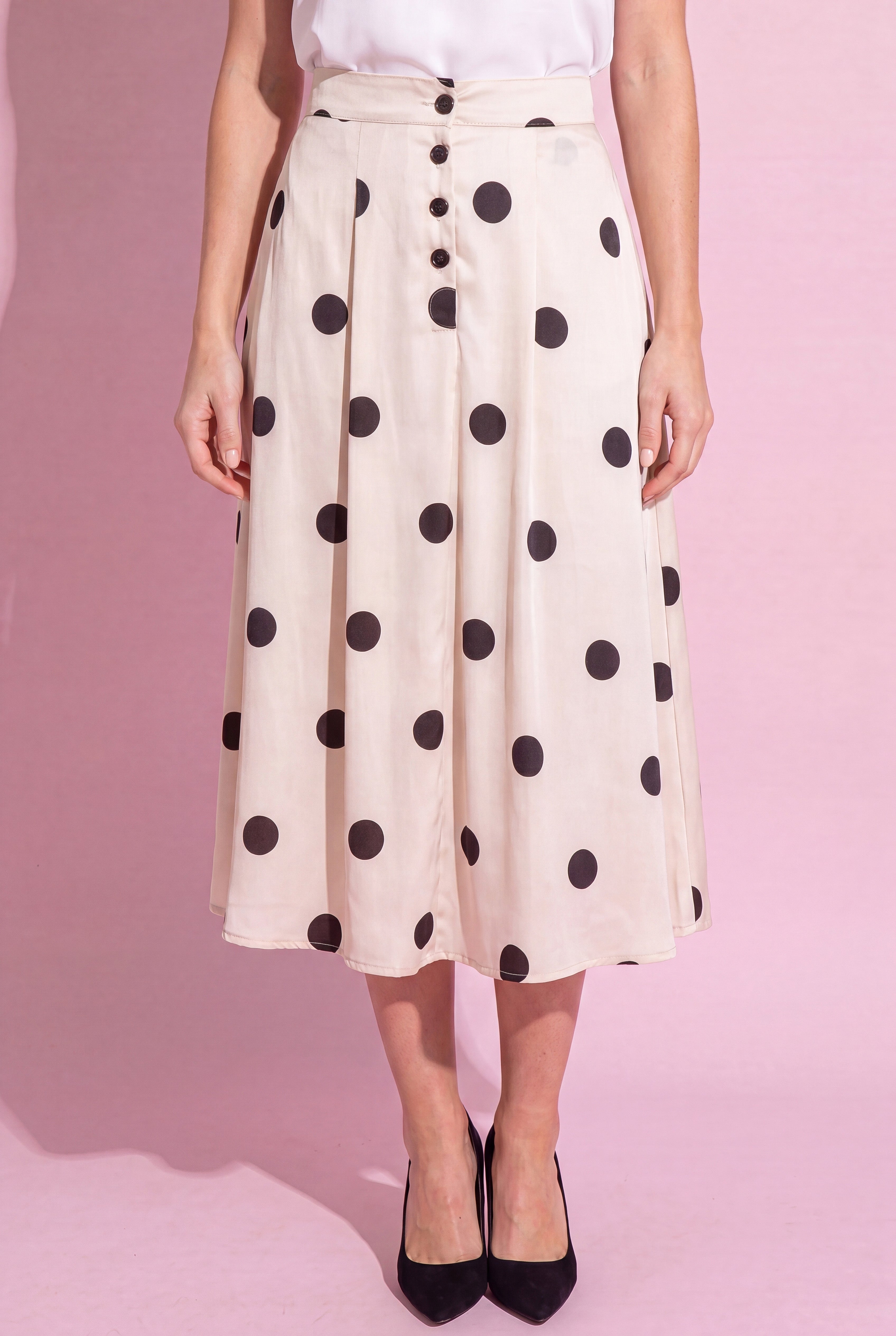 Anna-Kaci Polka Dot Midi Skirt with Button Front and Flowy A Line Silhouette