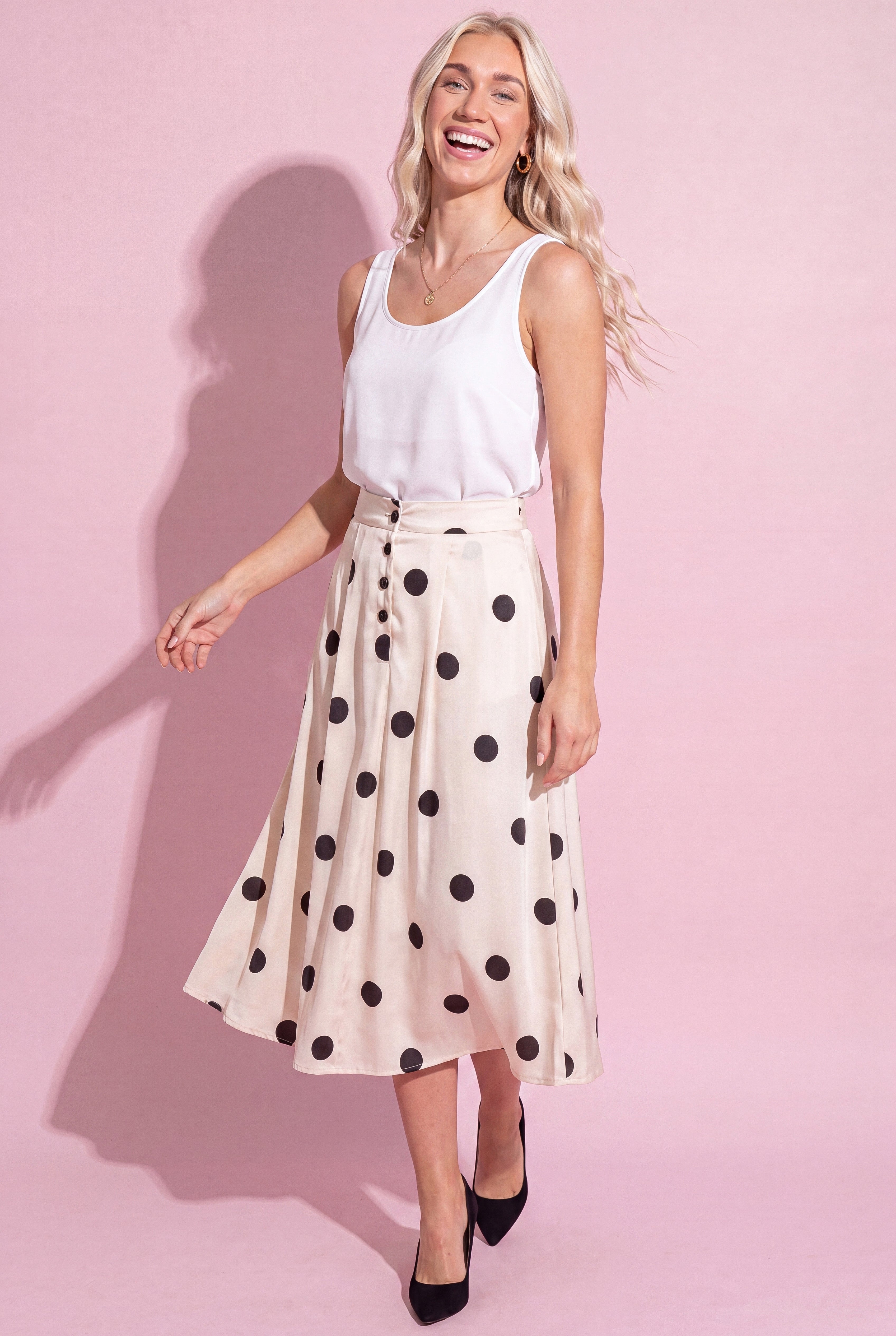 Anna-Kaci Polka Dot Midi Skirt with Button Front and Flowy A Line Silhouette