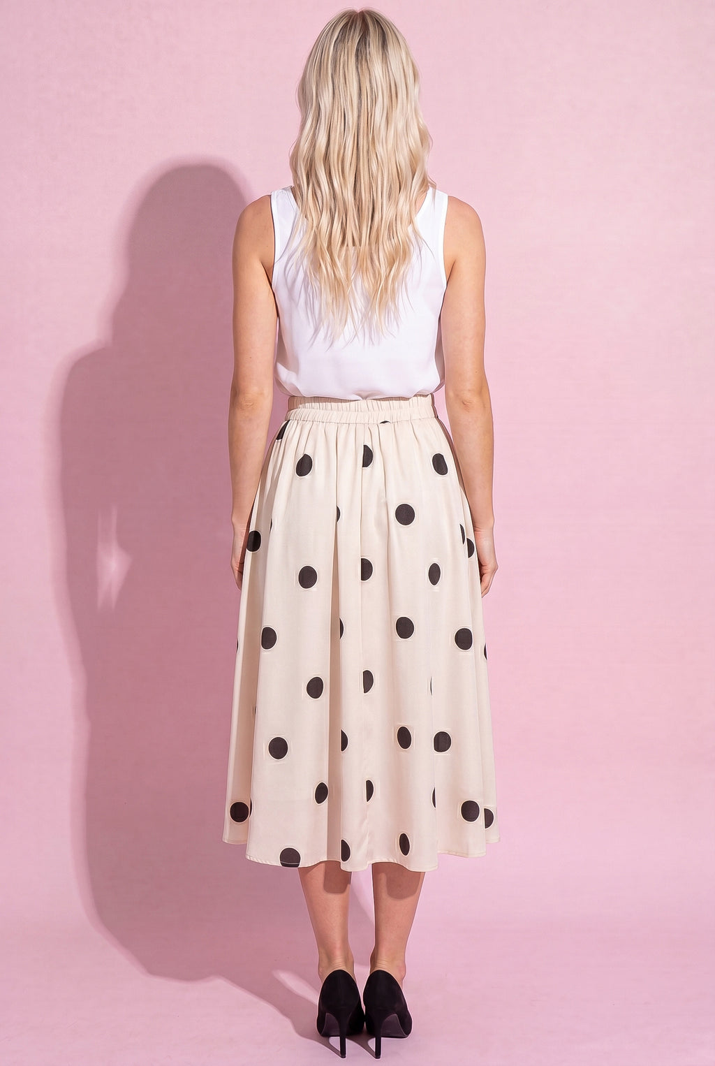 Anna-Kaci Polka Dot Midi Skirt with Button Front and Flowy A Line Silhouette