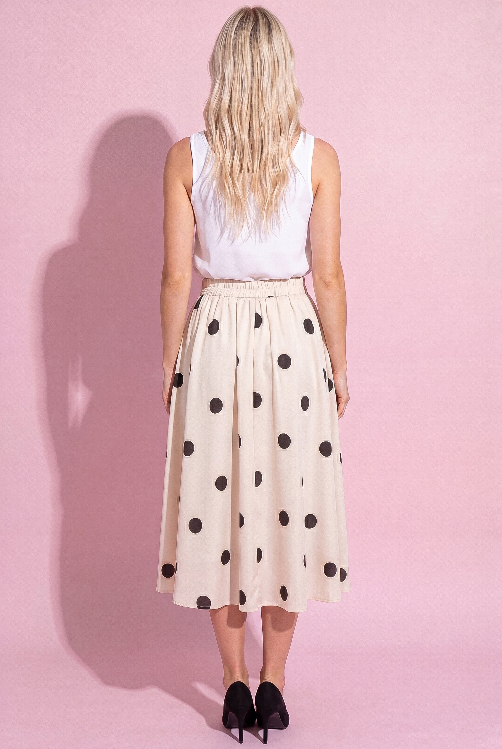 Anna-Kaci Polka Dot Midi Skirt with Button Front and Flowy A Line Silhouette