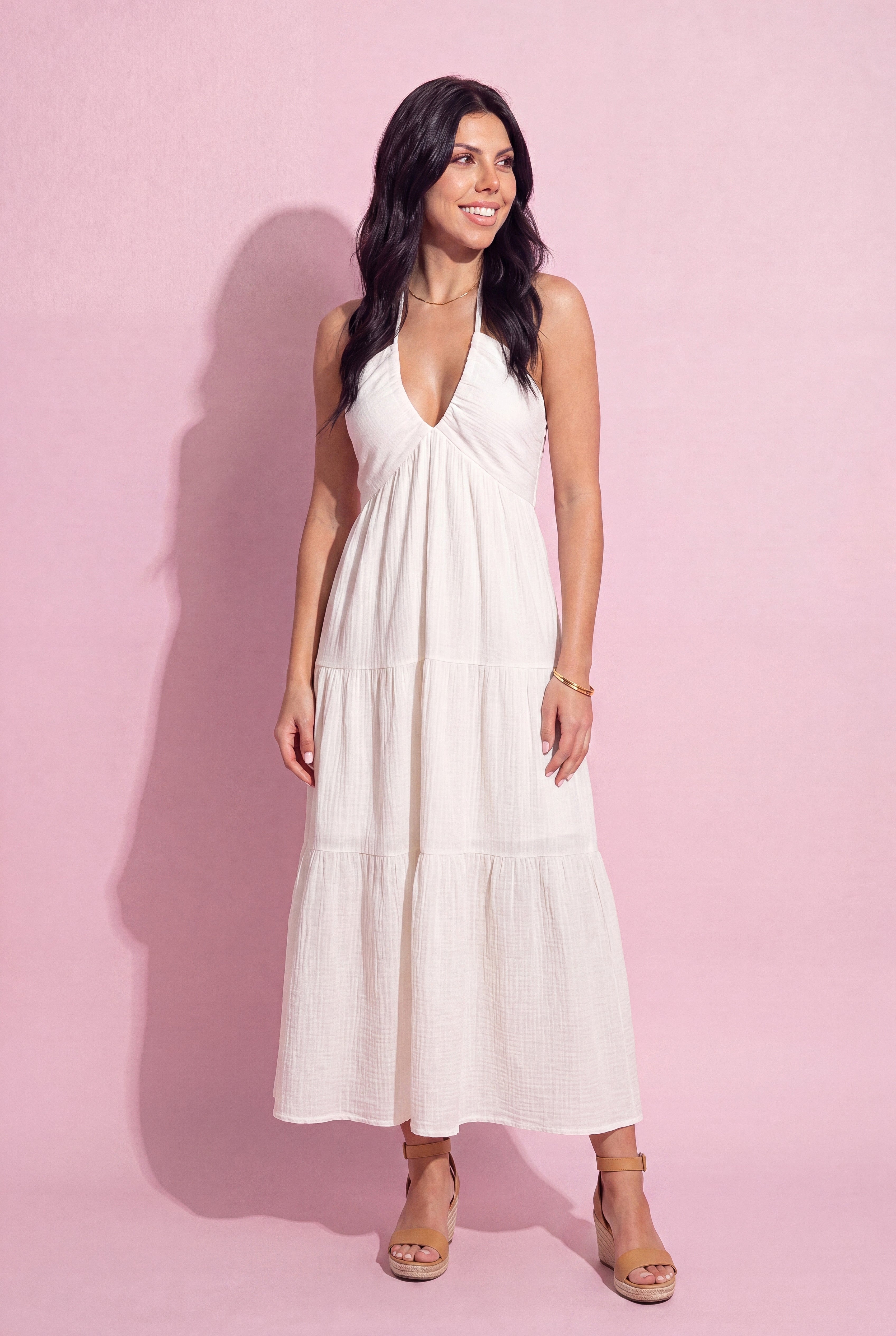 Anna-Kaci Women's Halter Neck Tiered Maxi Dress with Twist Front Bodice Flowing A Line Silhouette