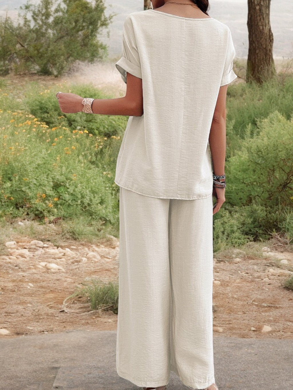 Conjunto de dos piezas para mujer Anna-Kaci con top con detalle bordado y pantalones de pierna ancha