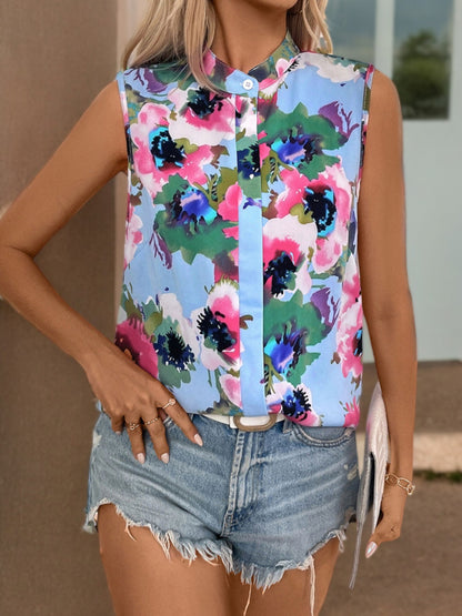 Sleeveless Floral Print Blouse with Button-Up Front and Collar