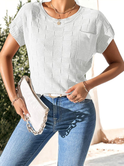 Knitted Square Texture Pattern Round Neck Shirt With Side Pocket Detail