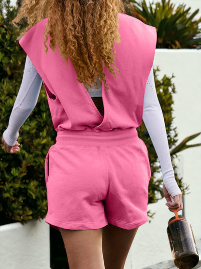 Drop Shoulder Sleeveless Open Back Tie Waist Romper