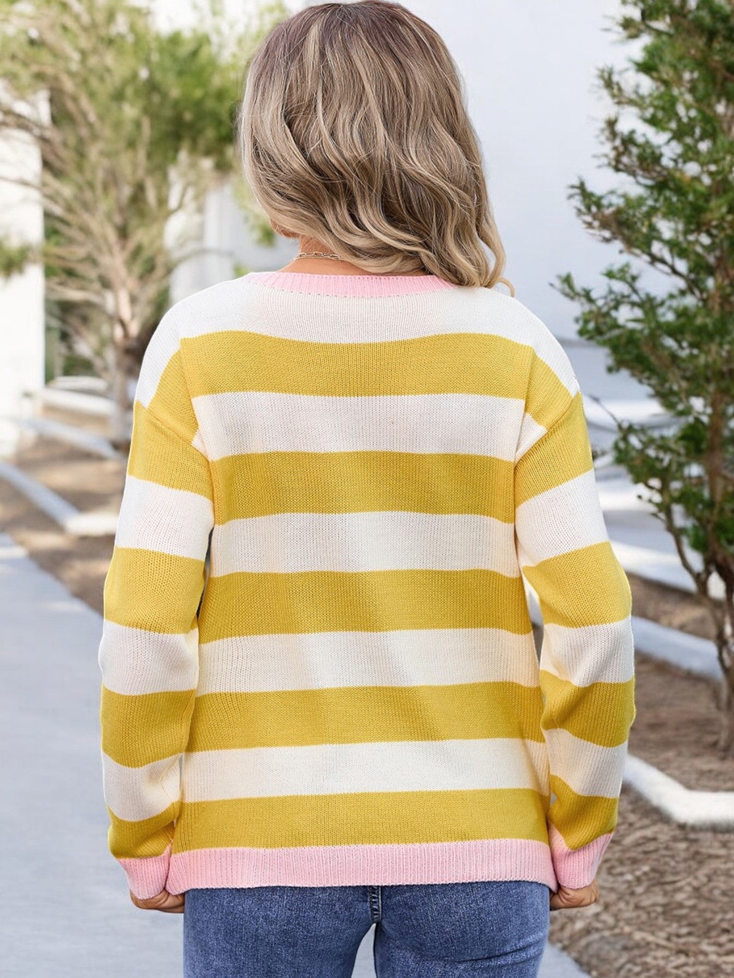 Anna-Kaci Women's Long Sleeve Striped Knit Sweater with Ribbed Cuffs and Hem