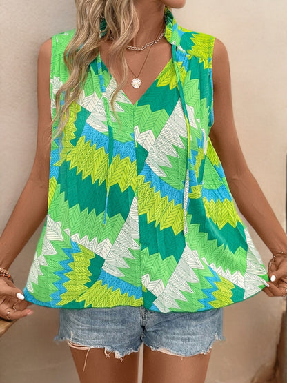 Sleeveless Printed Top with Keyhole Tie Neck and Chevron Pattern