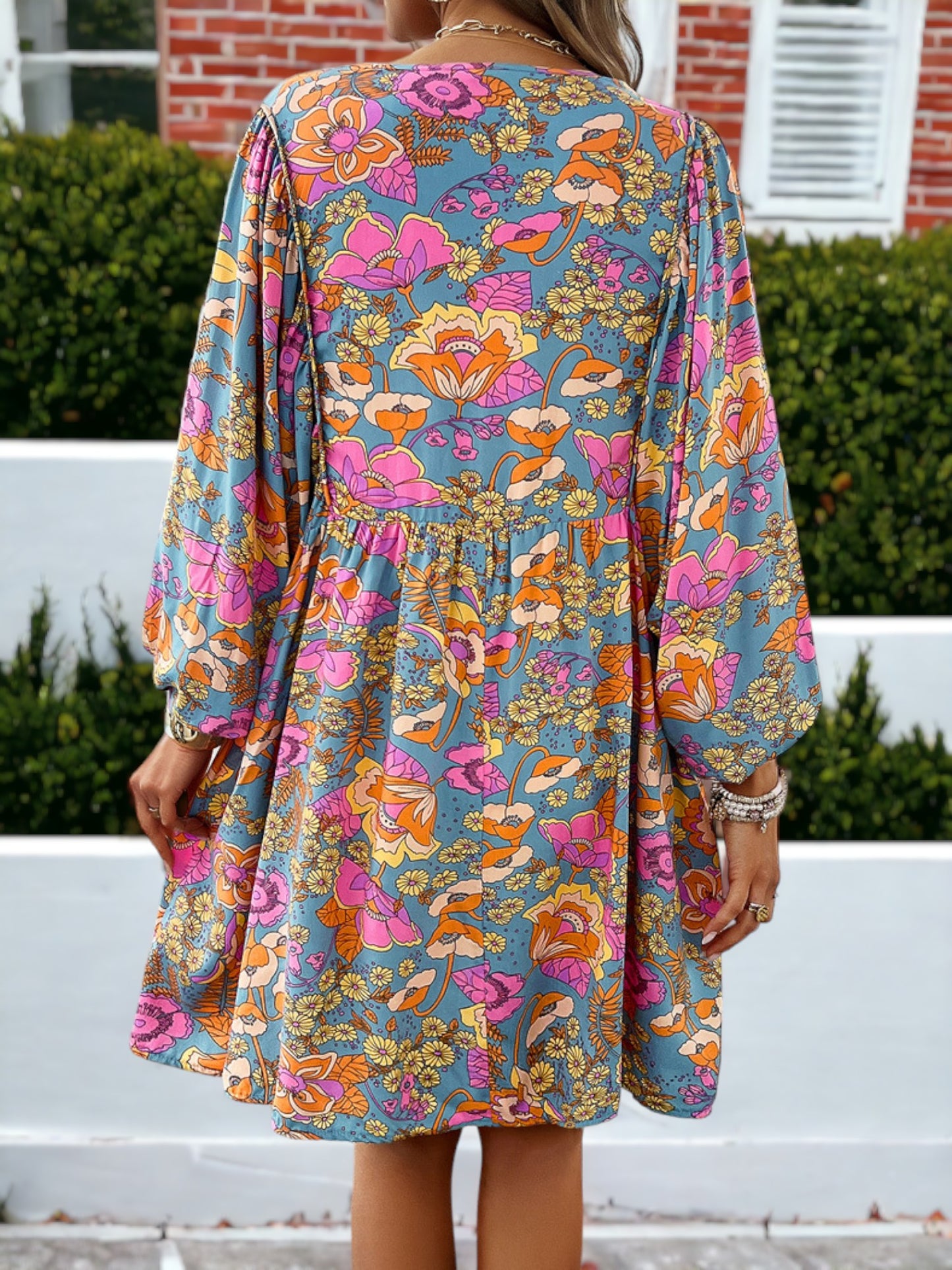 Vestido camisero con mangas de obispo y estampado floral para mujer, para niñas y para ella