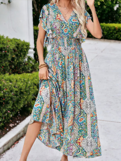 Summer V-Neck Floral With Chiffons Ruffle Sleeves Tied Back Maxi Dress
