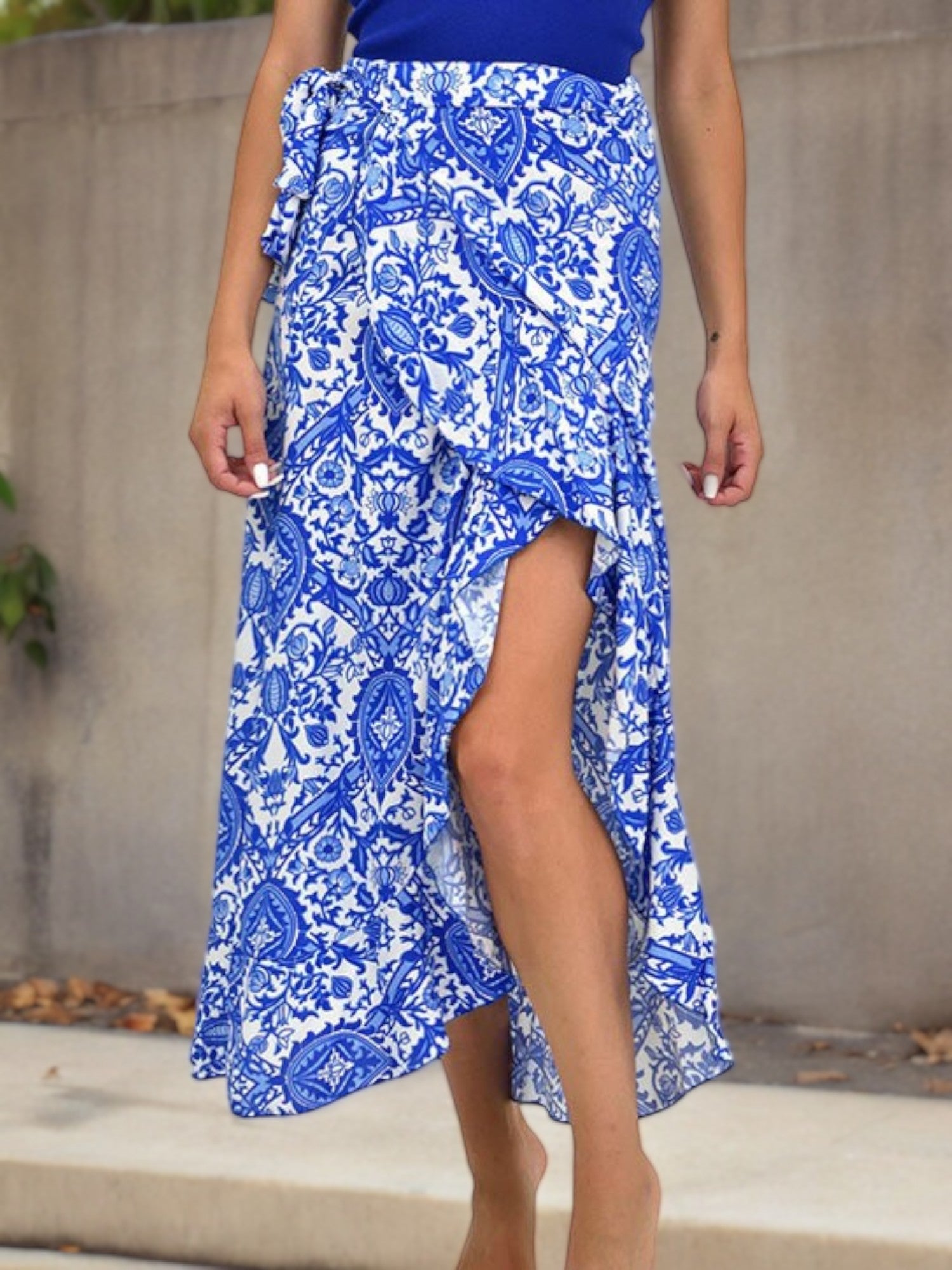 High-Waisted Wrap Maxi Skirt with Floral Print and Side Slit