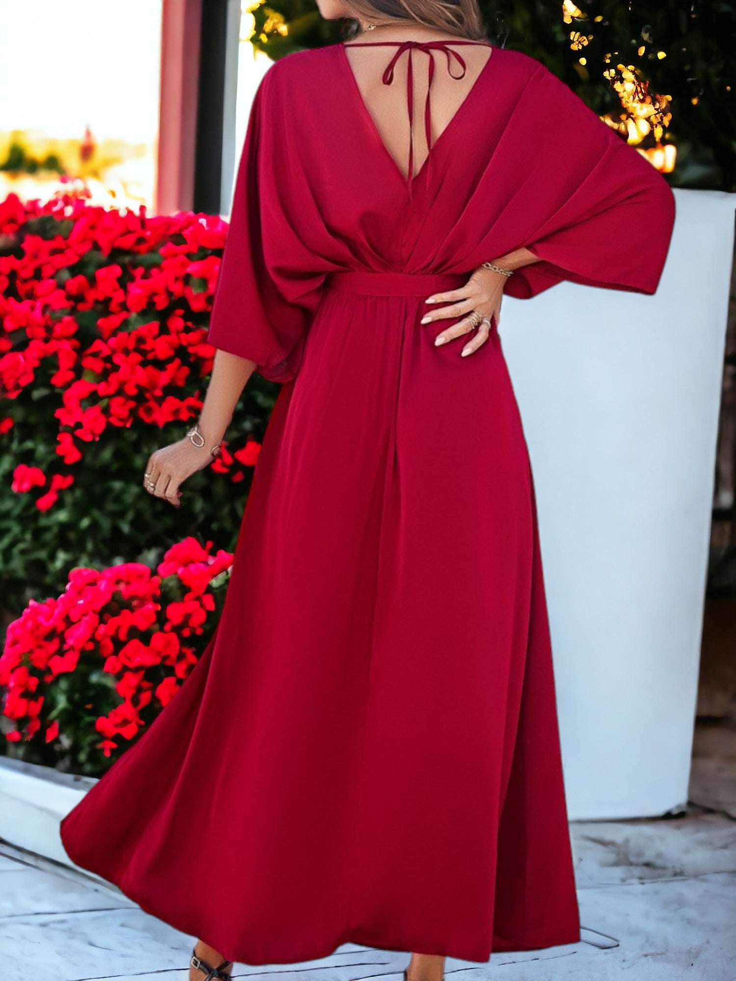 Women's Elegant V-Neck High Waisted Tie Loose Long Split Maxi Dress Anna-Kaci Women's Elegant V-Neck High Waisted Tie Loose Long Split Maxi Dress Anna-Kaci