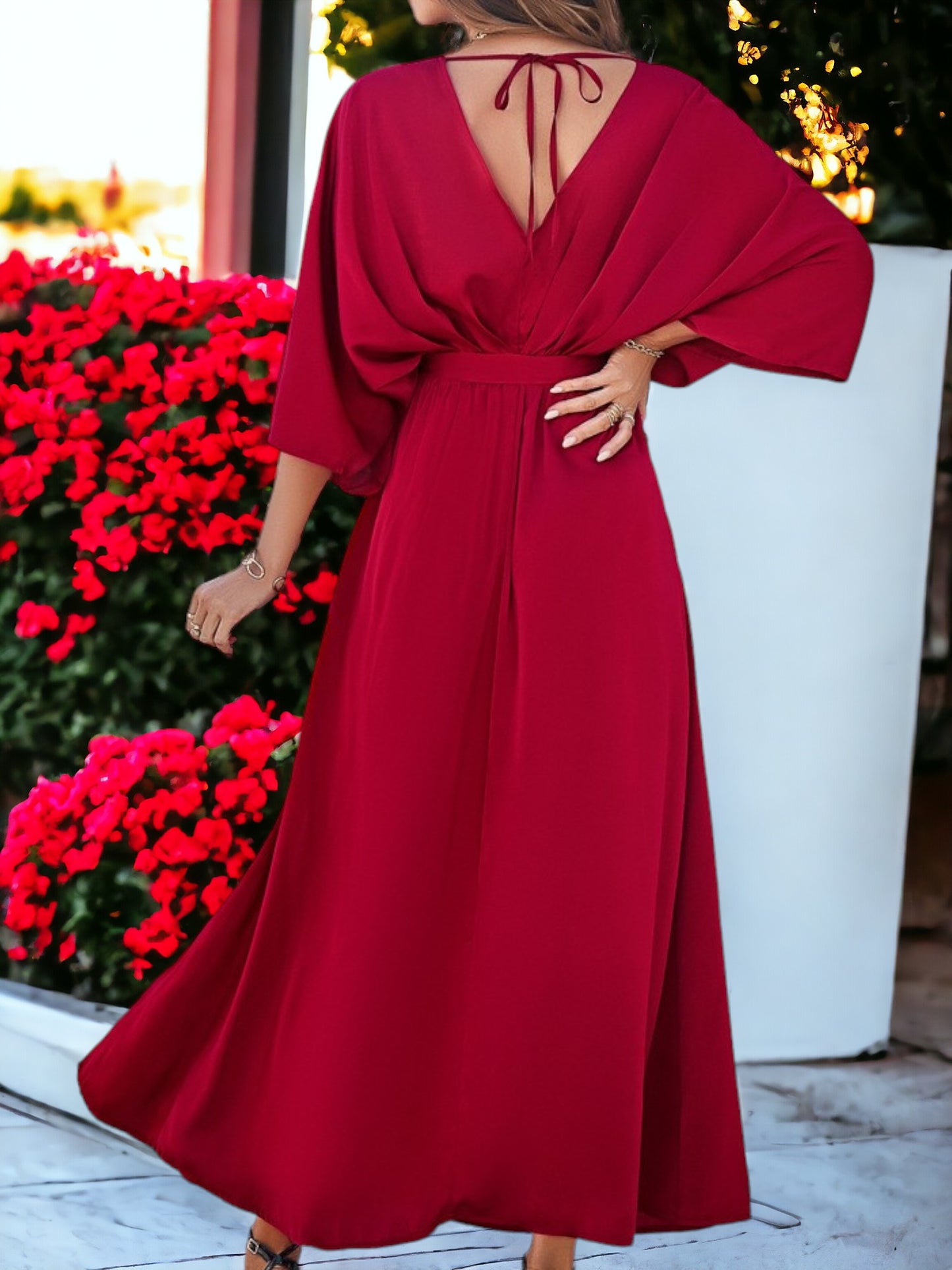 Vestido largo holgado con abertura y cintura alta con escote en V elegante para mujer