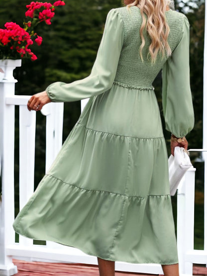 Shirred V Neck Tiered Dress