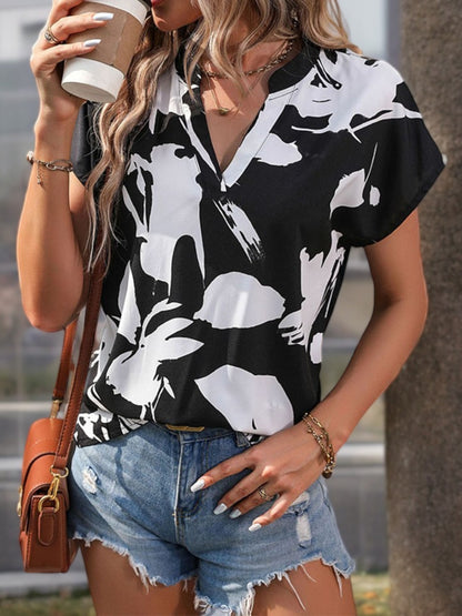 Anna-Kaci Women's Short Sleeve V-Neck Abstract Floral Print Casual Blouse