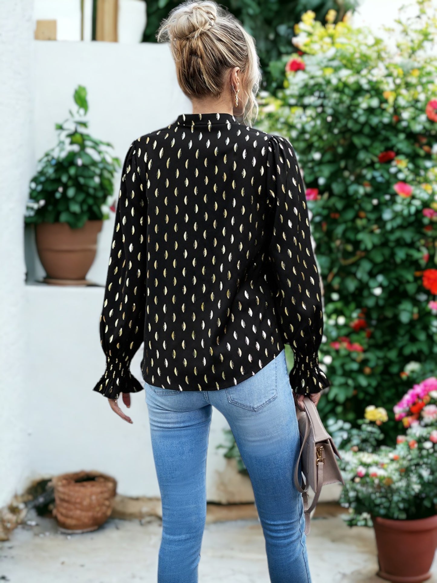 Geometric Print V Neck Blouse