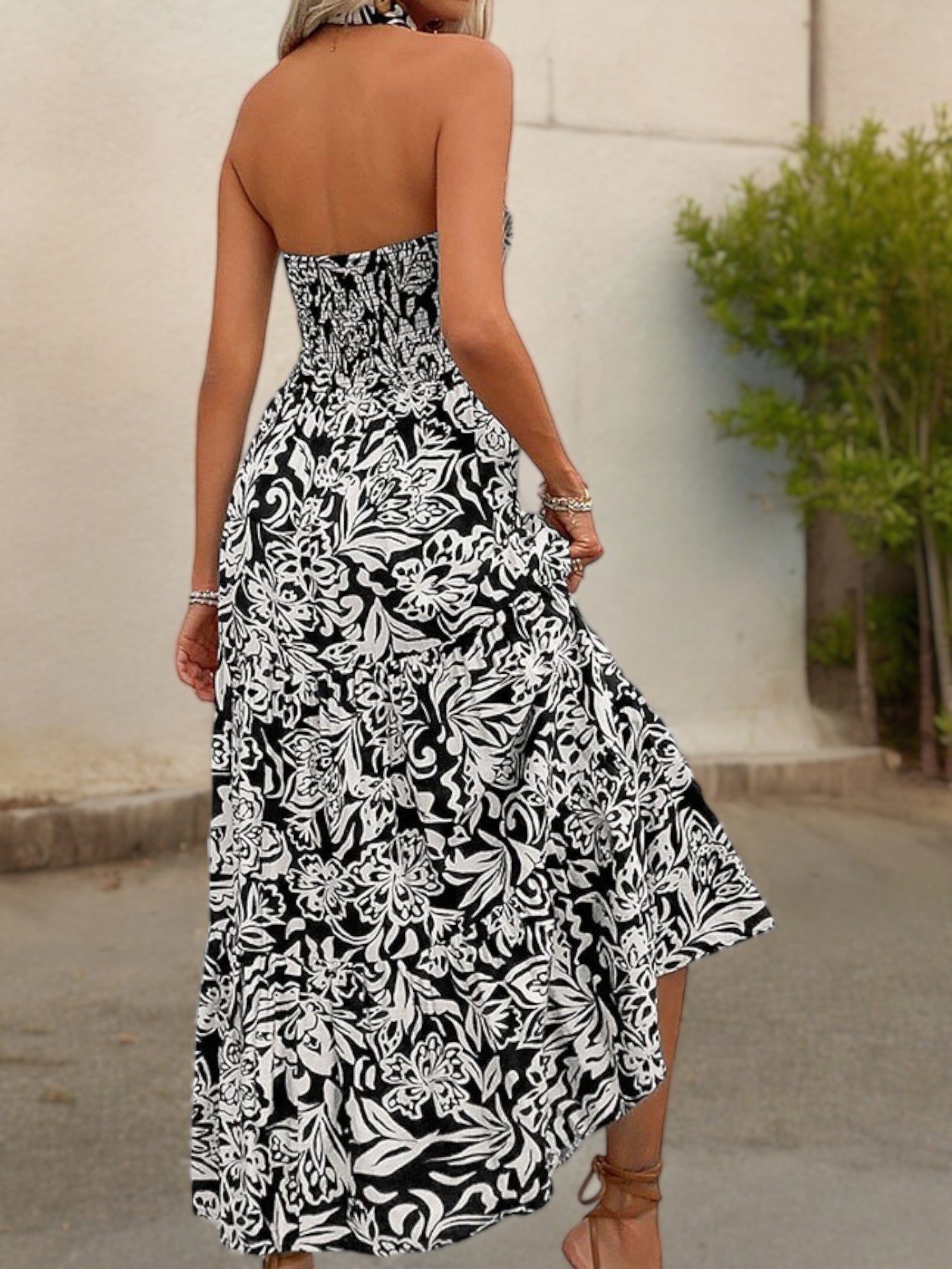 slim fit dress slacks Halter Neck Maxi Dress with Black and White Floral Print – Anna-Kaci