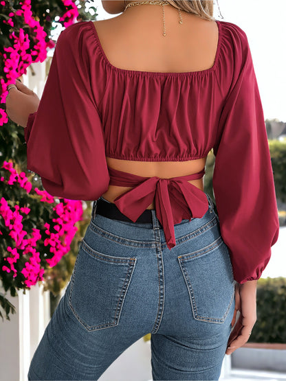 Lantern Sleeves Lace-Up Waist Chiffon Crop Top