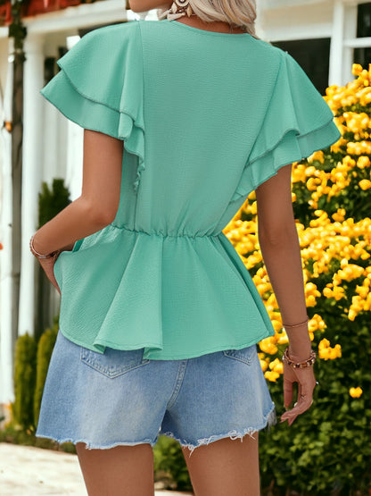 V-Neck Ruffled Short-Sleeved Smocked Waist Top