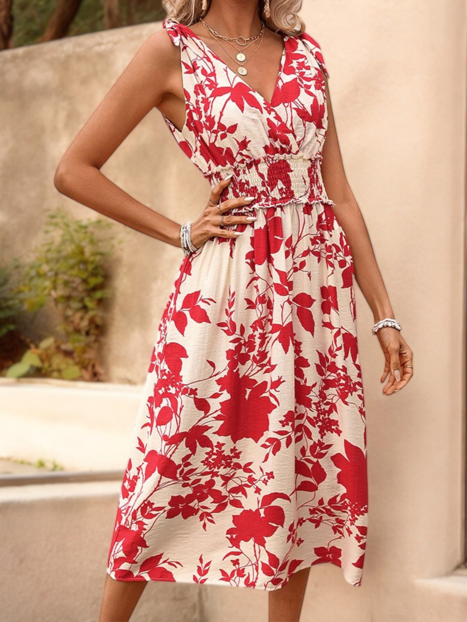 Vestido midi sin mangas con escote en V y estampado floral con cintura fruncida para mujer de Anna-Kaci