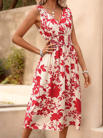 Anna-Kaci Women's V-Neck Sleeveless Floral Print Midi Dress with Smocked Waist
