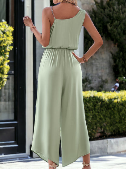 Asymmetric Shoulder Strap Draped Flared Leg Jumpsuit