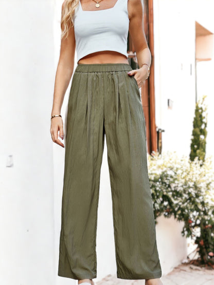 Pantalones anchos de seda con cintura alta y elásticos