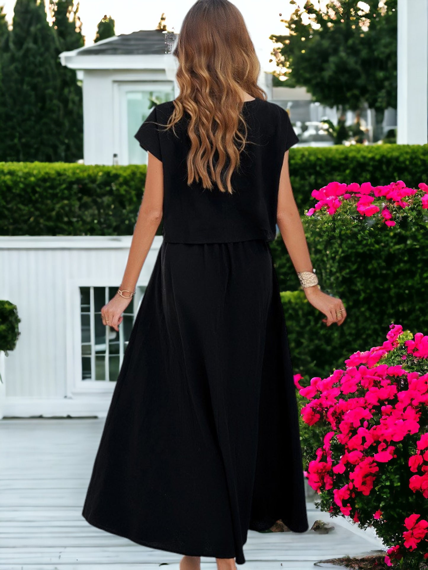 Two Piece Set Casual Short Sleeved Crop Top And Long Skirt
