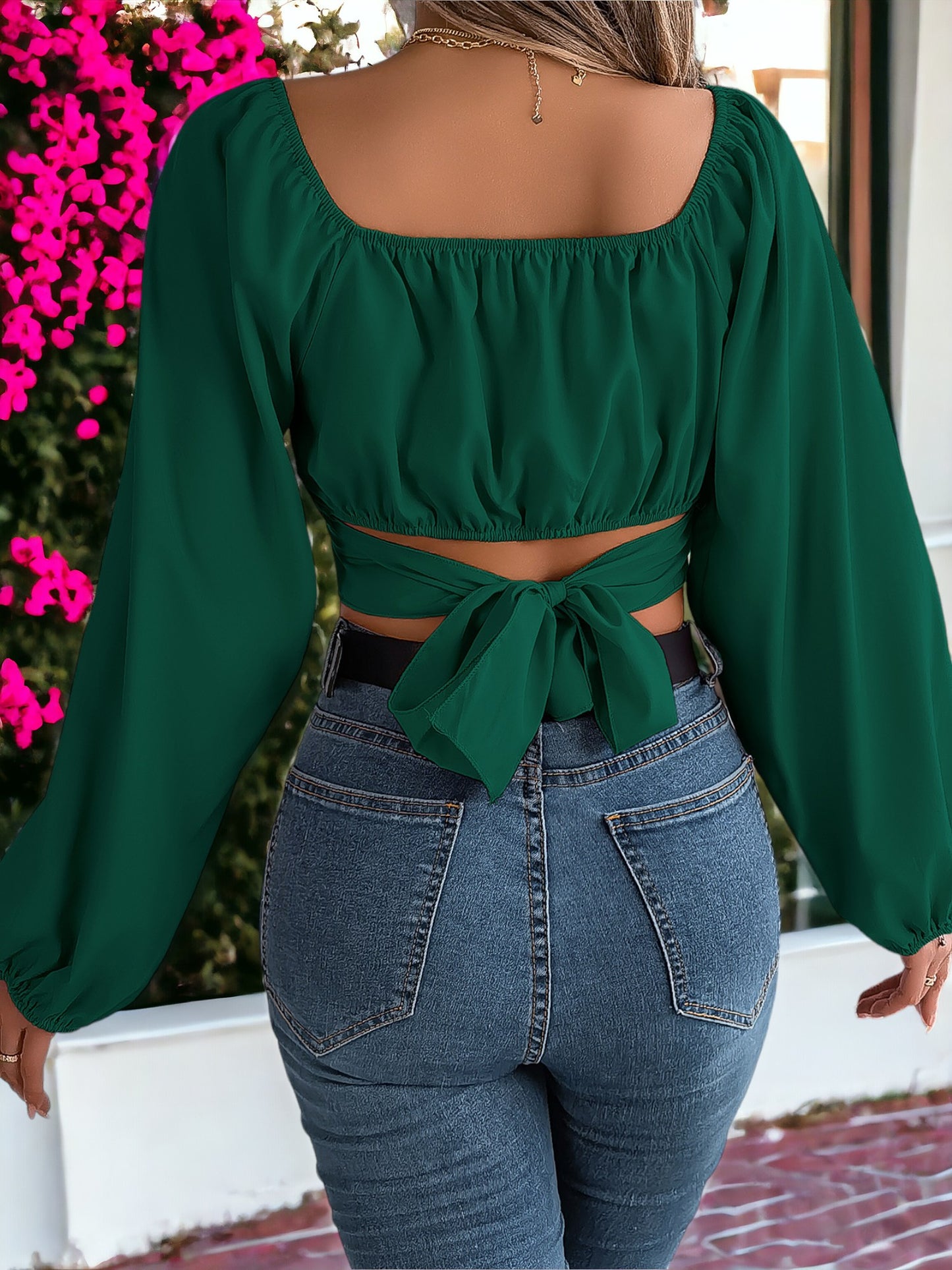 Lantern Sleeves Lace-Up Waist Chiffon Crop Top