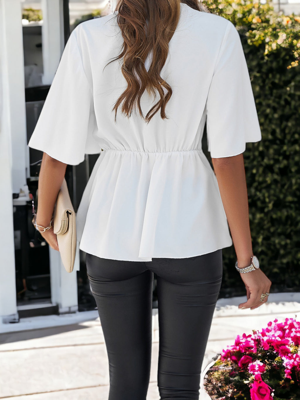Blusa elegante con volantes y manga media con lazo en la cintura para mujer