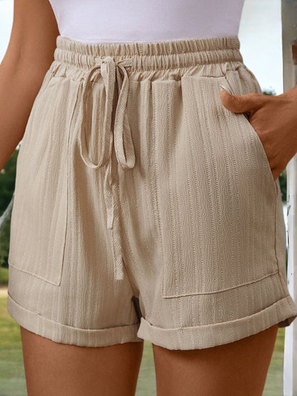 Casual Textured Shorts with Tied Rolled Hem