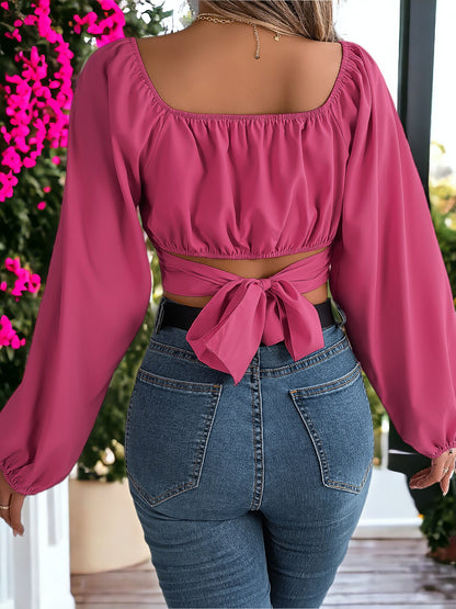 Lantern Sleeves Lace-Up Waist Chiffon Crop Top