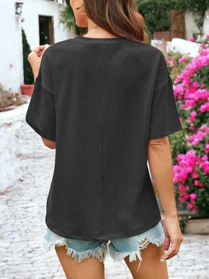 Rib Knit Textured Side Pocket Detailed T-Shirt Top