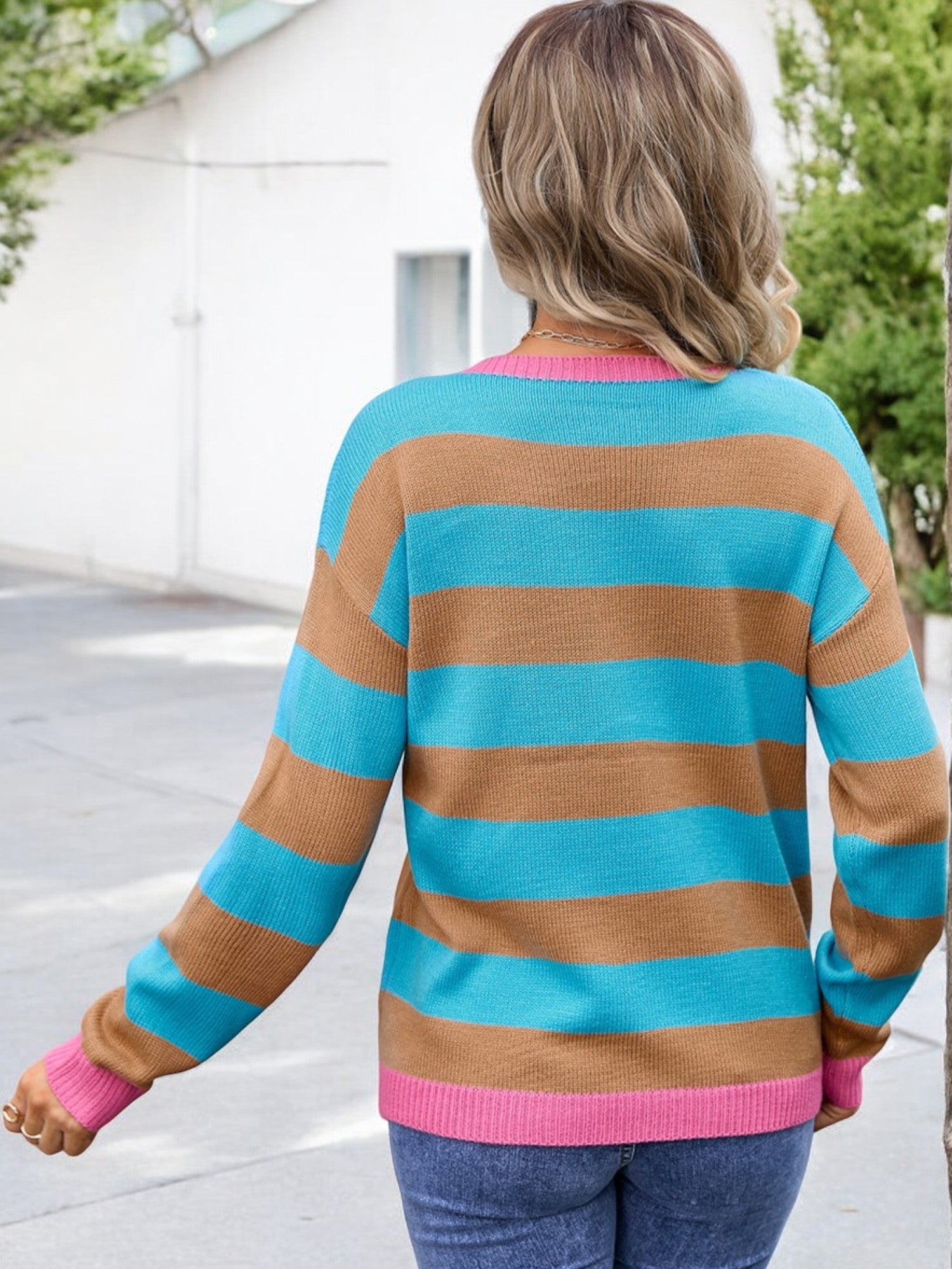 Anna-Kaci Women's Long Sleeve Striped Knit Sweater with Ribbed Cuffs and Hem