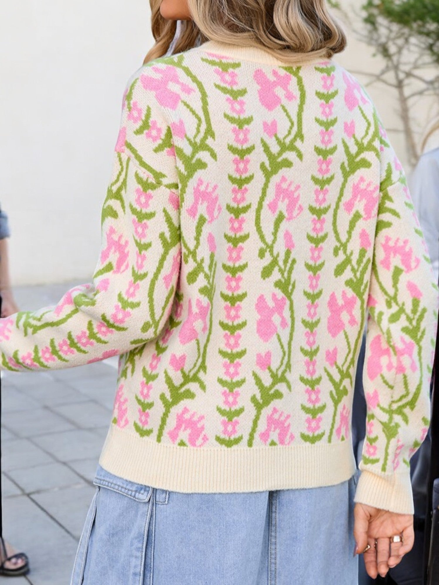 Anna-Kaci Women's Floral Knit Sweater with Crew Neck and Long Sleeves