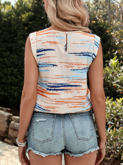 Color Printed Round Neck Sleeveless Ribbon Strapped Blouse