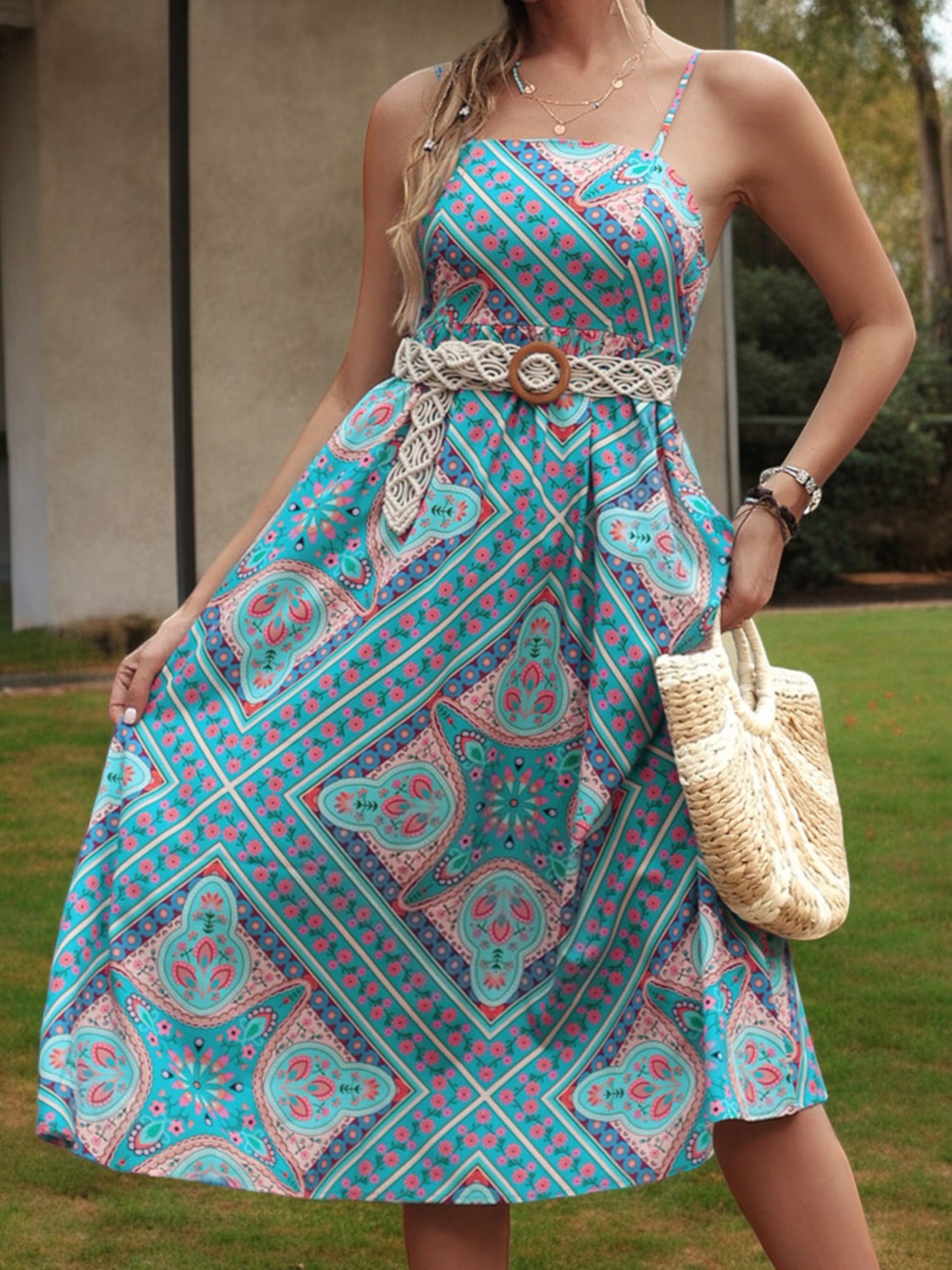 Spaghetti Strap Midi Dress with Geometric Print and Flowy Fit