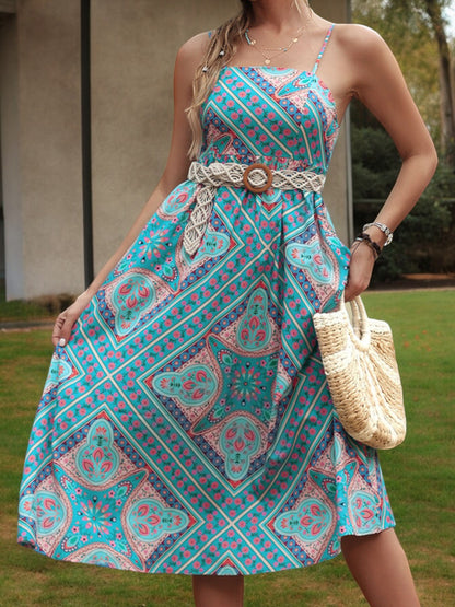 Spaghetti Strap Midi Dress with Geometric Print and Flowy Fit